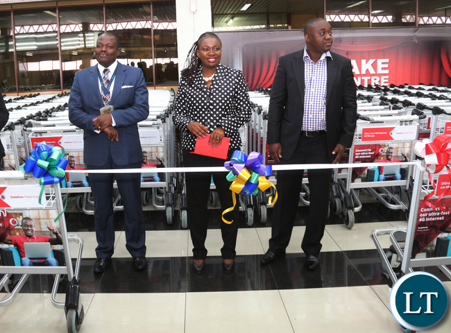 L-R Zambia Airport Corporation Limited Managing Director Mr Robinson Msitala;Vodafone Zambia Sales & Distribution Director Mrs Leah Kooma and Prosign Zambia Managing Director Michael Musonda.