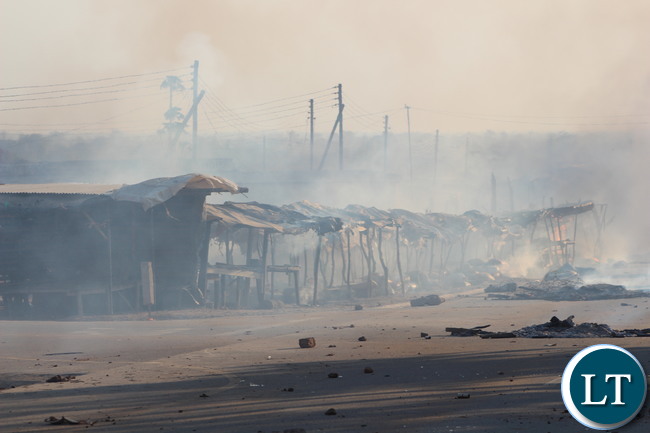 Make shift market stalls belonging to PF supporters torched by UPND supporters shortly after President Edgar Lungu was declared winner of the 2016 general elections