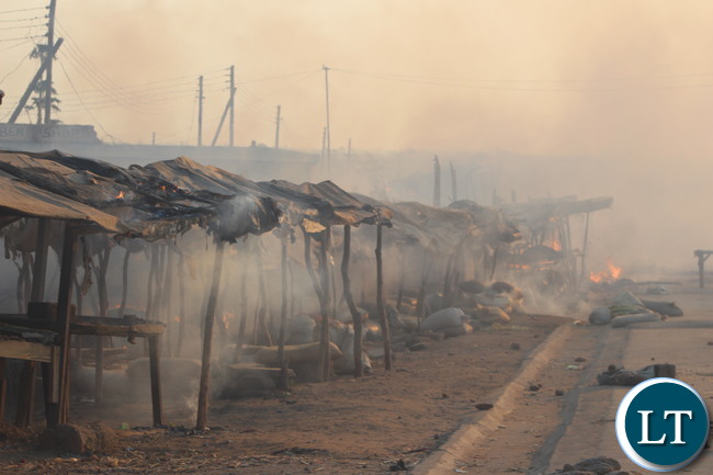 Make shift market stalls belonging to PF supporters torched by UPND supporters shortly after President Edgar Lungu was declared winner of the 2016 general elections