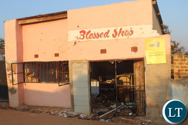 One of the shops in Manungu damaged and ransacked by UPND cadres during a remonstration yesterday after the announcement of president Edgar Lungu as winner of the 2016 presidential polls.