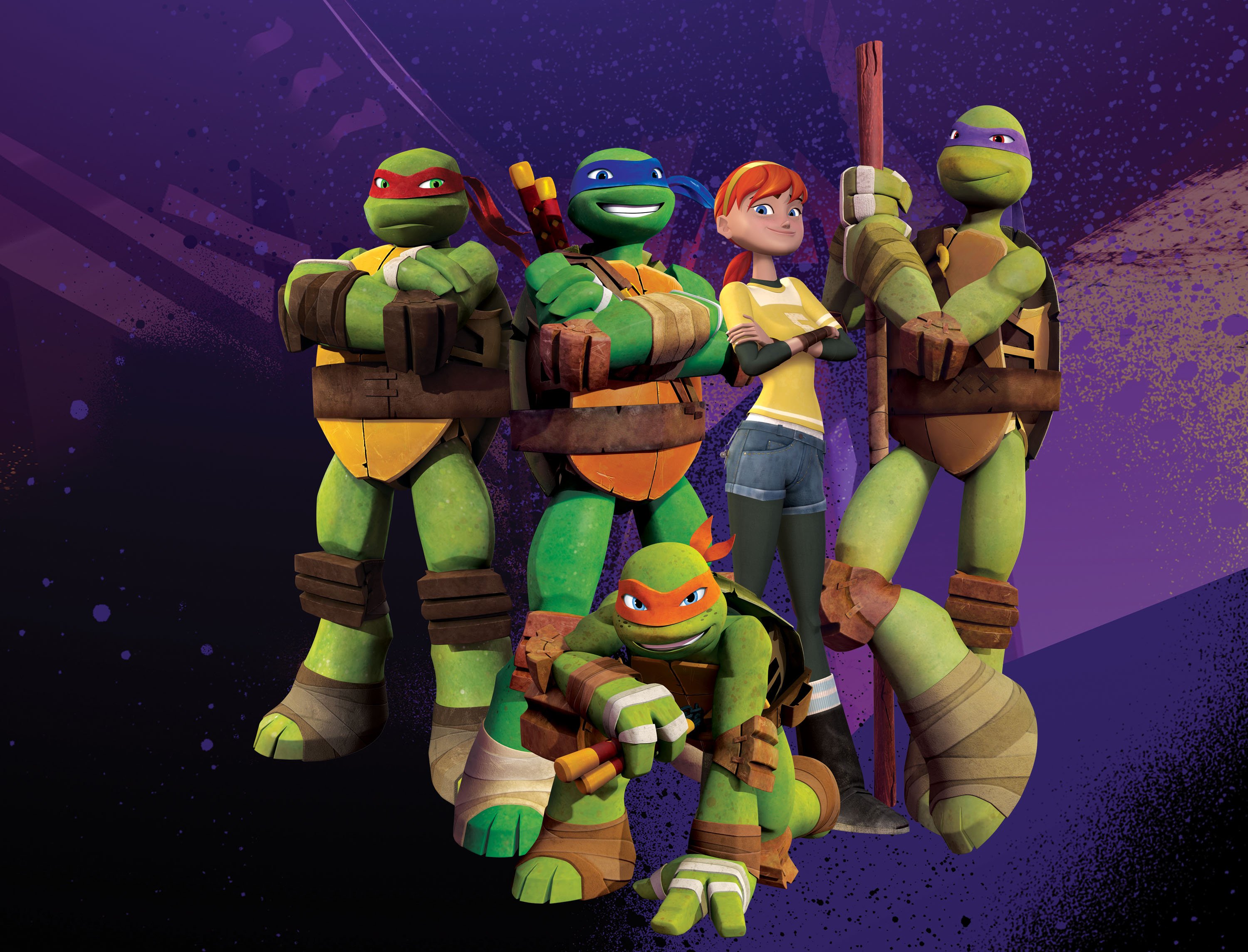 Pictured: Raphael (red mask), Leonardo (blue mask), April (red hair), Donatello (purple mask) and Michelangelo (orange mask), in TEENAGE MUTANT NINJA TURTLES on Nickelodeon. Photo: Nickelodeon. ©2012 Viacom, International, Inc. All Rights Reserved