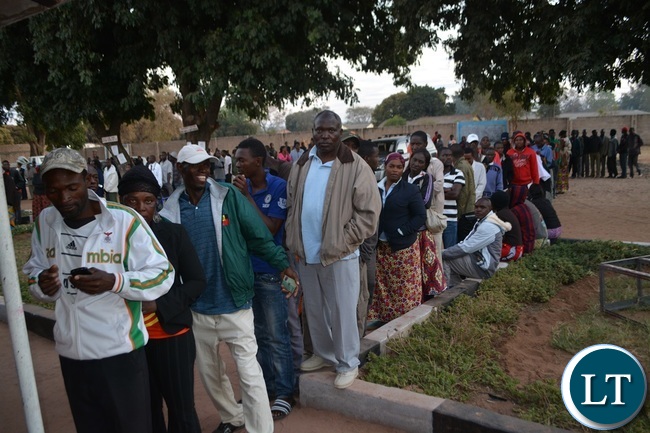 Queues of voters at Muljala School polling station in Livingstone yesterday. Picture by BRIAN HATYOKA Queues of voters at Muljala School polling station in Livingstone yesterday. Picture by BRIAN HATYOKA