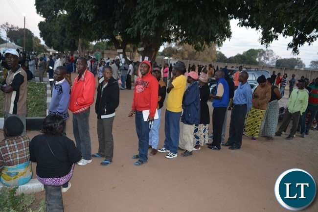 Queues of voters at Mulwani School polling station in Livingstone yesterday. Picture by BRIAN HATYOKA Queues of voters at Mulwani School polling station in Livingstone yesterday. Picture by BRIAN HATYOKA