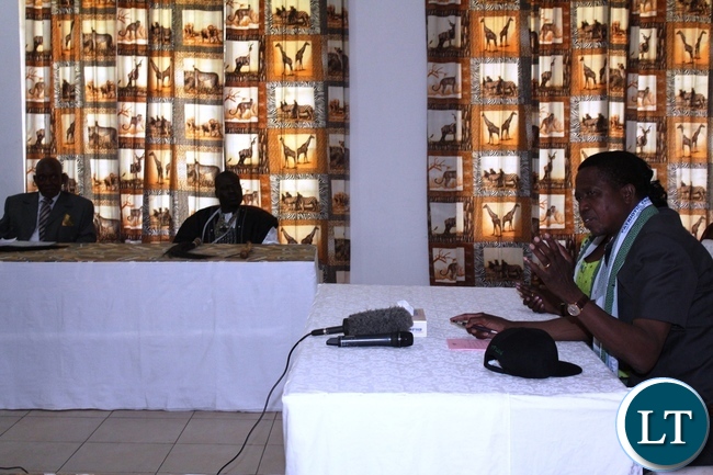 PRESIDENT Edgar Lungu speaking when he paid a courtesy call on traditional leaders in Mambwe district where he went to address a campaign meeting in Malambo constituency on Wednesday. On the left are Senior Chief Nsefu and chief Msoro both of the Kunda speaking people in the area