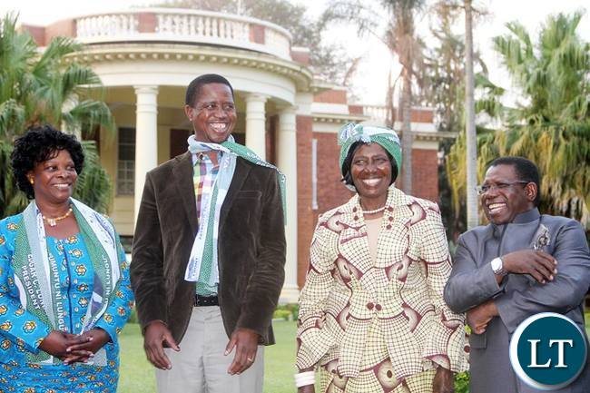 President Lungu share a light moment with First Lady Esther Lungu, Vice-President Inonge Wina and his Campaign manager Samuel Mukupa President Lungu share a light moment with First Lady Esther Lungu, Vice-President Inonge Wina and his Campaign manager Samuel Mukupa