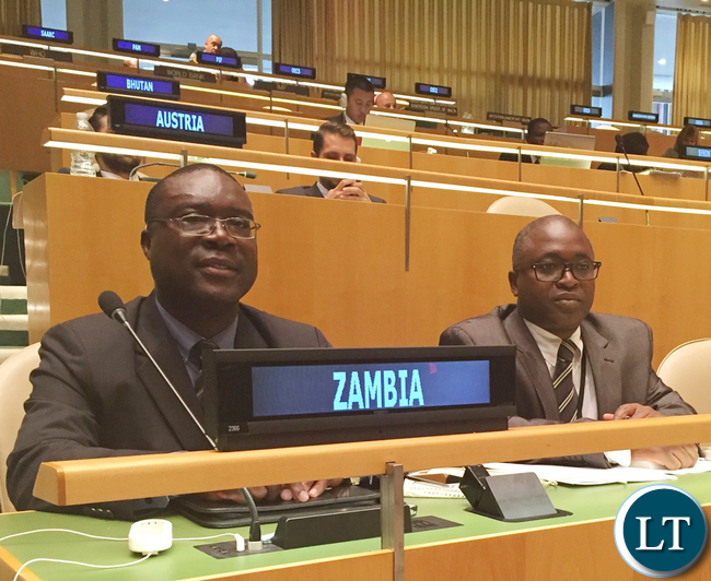 Dr Peter Mwaba and Mr. Eliphas Chinyonga Ministry of Health Permanent Secretary Dr Peter Mwaba (left) and Ministry of Foreign Affairs Assistant Director (International Organisations) Eliphas Chinyonga attending the United Nations High-Level meeting on Antimicrobial Resistance (AMR) in the UN General Assembly Hall in New York on 21 September, 2016. PHOTO | ZAMBIA UN MISSION | PRESS OFFICE