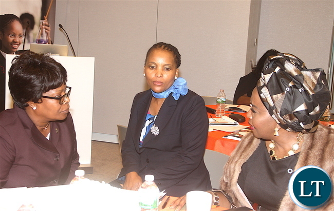 First Lady Esther Lungu with South African First Lady Dr Bongi Ngema Zuma ad Dr Nkosazana Dlamini-Zuma during the 4th Annual Global First Ladies and Business Leaders Summit in New York on Monday, September 19,2016 -Pictures by THOMAS NSAMA