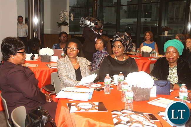 First Lady Esther Lungu with South African First Lady Dr Bongi Ngema Zuma ad Dr Nkosazana Dlamini-Zuma during the 4th Annual Global First Ladies and Business Leaders Summit in New York on Monday, September 19,2016 -Pictures by THOMAS NSAMA