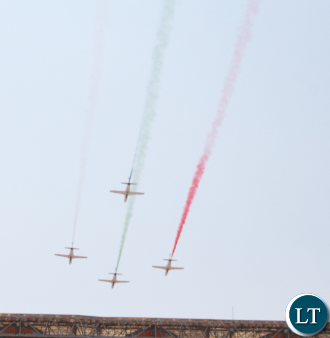 Zambia Airforce Jets fly over the stadium during the stadium during the inauguration ceremony