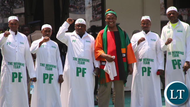 ZASPOFA PAtron Peter Makembo joining a cheering "Lungu team" led by Ephraim Shakafuswa.