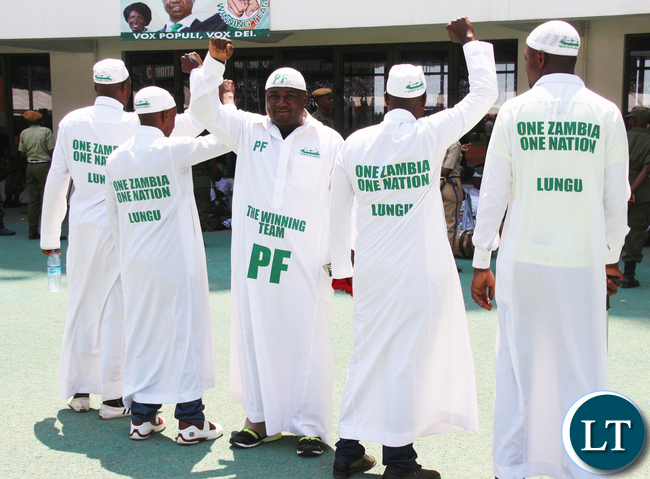 ZASPOFA Patron Peter Makembo joining a cheering "Lungu team" led by Ephraim Shakafuswa.