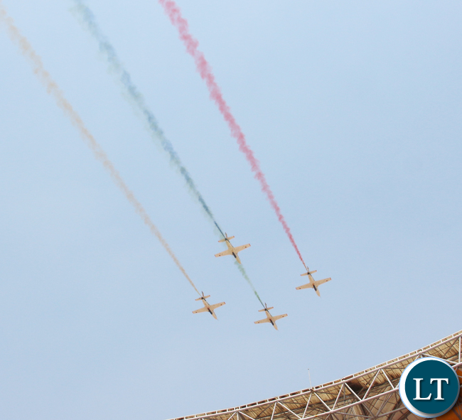 Zambia Airforce Jets fly over the stadium during the stadium during the inauguration ceremony