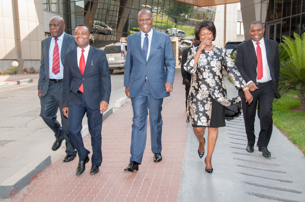 Finance Minister Hon. Felix Mutati, Minister of National Development Planning Hon. Lucky Mulusa, and Minister of Commerce Trade and Industry Hon. Margaret Mwanakatwe with Zambi