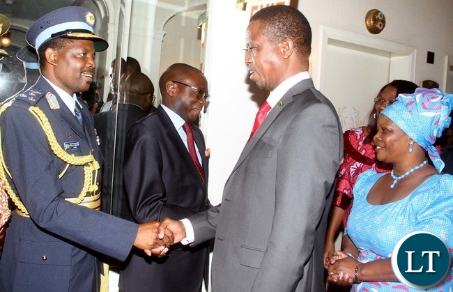 President Lungu greets Zambia's Defence Attache to the United States Brig Gen Henry Mukuka as First Lady Esther Lungu looks on on arrival in New York for the 71st UN General Assembly on Friday, September 16,2016-Picture by THOMAS NSAMA