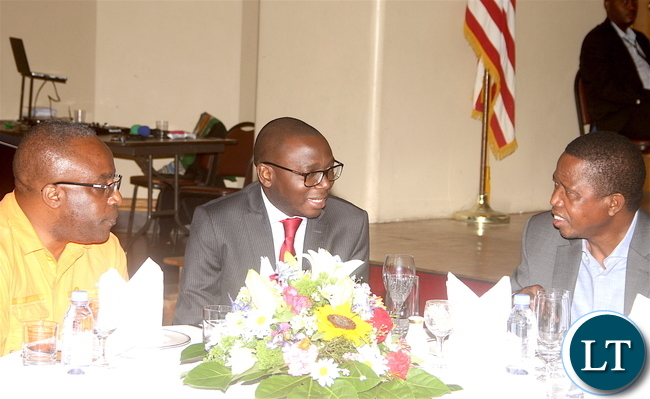 President Lungu talks to Foreign Affairs Permanent Secretary Chalwe Lombe (C) and Acting Zambia's Ambassador to the USA Joseph Chilaizya during the Meet The President Dinner at Croatian Church, Cyril and Methods and St Raphael Catholic Church in New York on Sunday, September 18, 2016 -Pictures by THOMAS NSAMA