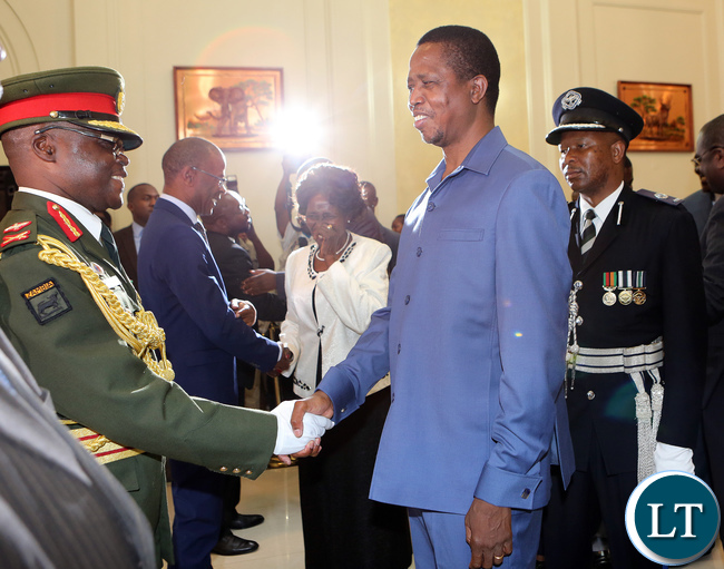 President Edgar Lungu Talks to Major General Jackson Phiri Zambia army deputy Commander after the Swearing in Ceremony at State house