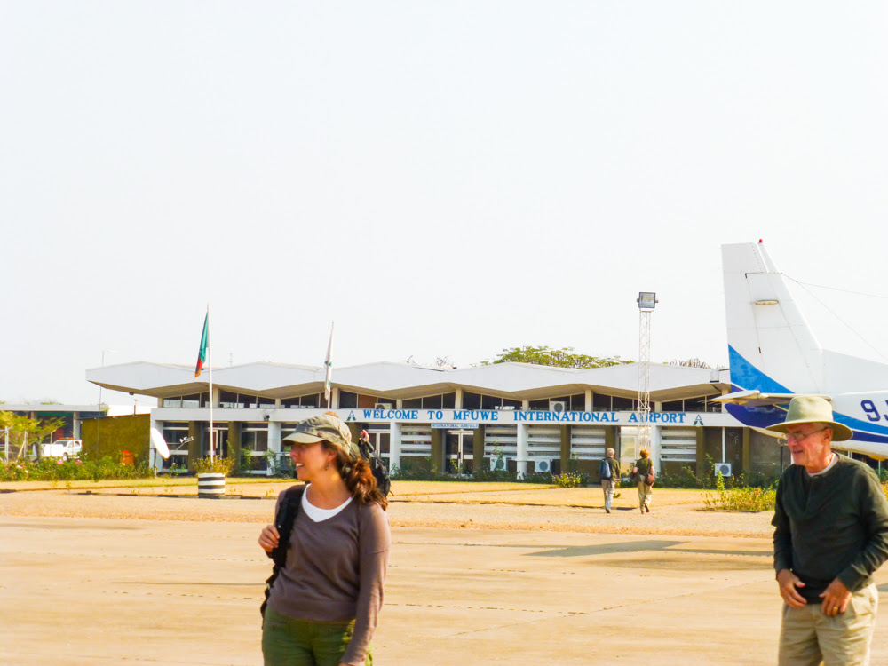 Tourists on the tarmac at Mfuwe Airport.
