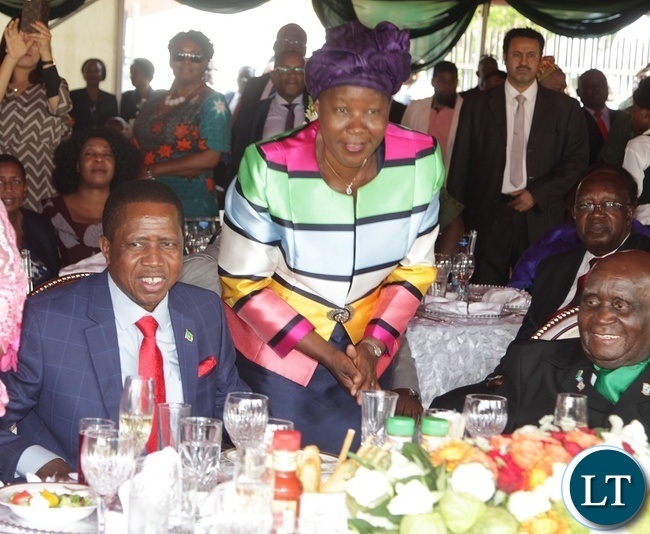 PRESIDENT Edgar Lungu with FDD President Edith Nawakwi during the Luncheon at State House.Looking on is former President of Zambia, Dr. Kenneth Kaunda.