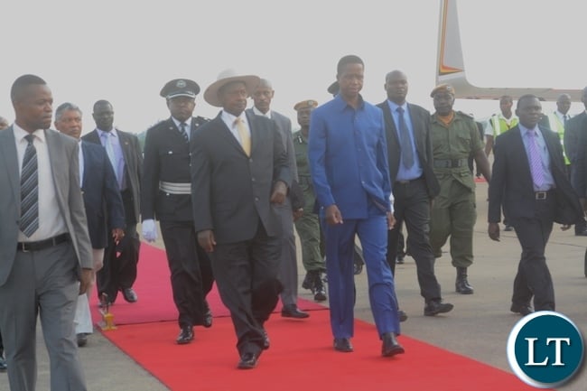 President Edgar Lungu welcomes President of Uganda Yoweri Museveni at Kenneth Kaunda Airport