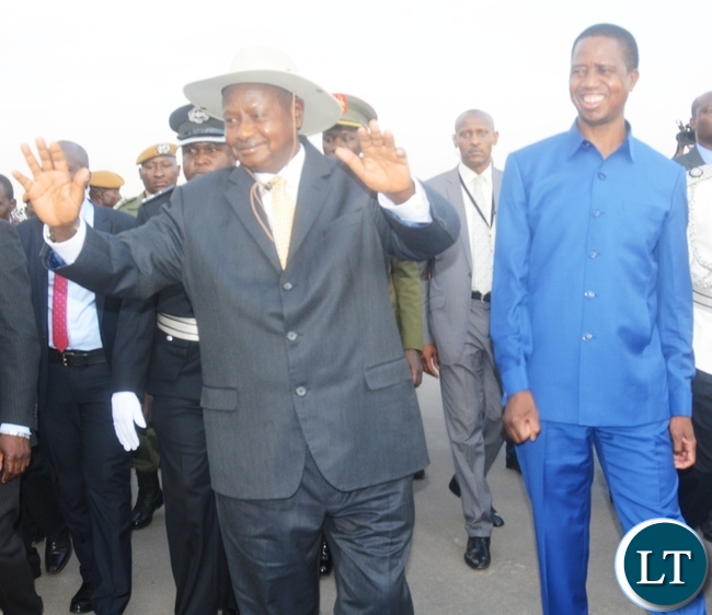 President Edgar Lungu with President of Uganda Yoweri Museveni during his arrival at Kenneth Kaunda Airport