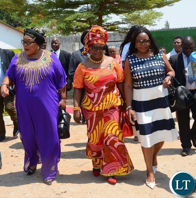 First Lady Esther Lungu(c), Second Former First Lady Vera Tembo Chiluba(l) and Third Former First Lady Maureen Mwanawasa(r) arrives at Giacomo Global Hand Washing Day at North mead Primary School