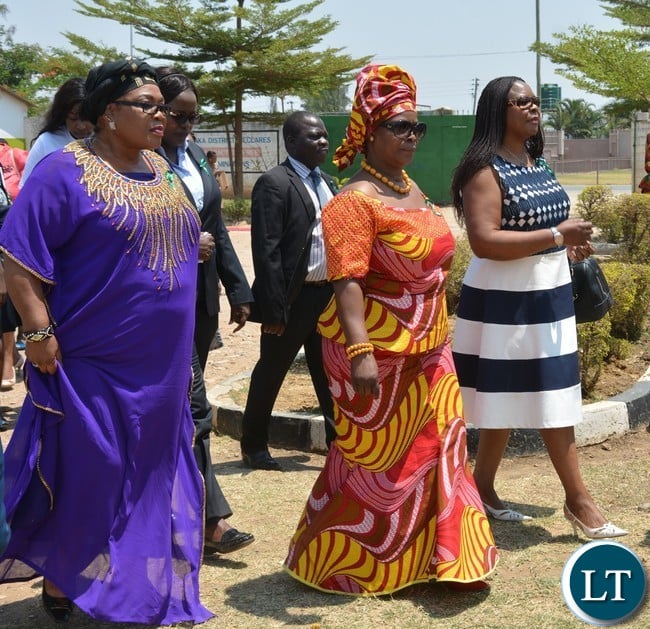 First Lady Esther Lungu(c), Second Former First Lady Vera Tembo Chiluba(l) and Third Former First Lady Maureen Mwanawasa(r) arrives at Giacomo Global Hand Washing Day at North mead Primary School