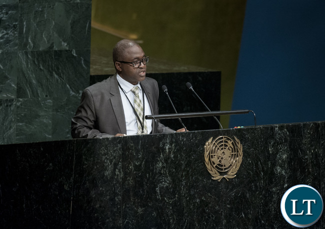 Zambia’s Ministry of Foreign Affairs Assistant Director (International Organisations) Eliphas Chinyonga addressing the 28th plenary meeting of the 71st Session of the UN General Assembly. New Partnership for Africa’s Development and Decade to Roll Back Malaria in Developing Countries, Particularly in Africa. PHOTO | KIM HAUGHTON | UN