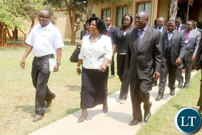 First Lady Esther Lungu flanked by Ministry of Health Permanent Secretary Dr Peter Mwaba (R) on arrival at Cresta Hotel for the Commemoration of World Mental Health Day in Lusaka on Monday, October 10,2016-Picture by THOMAS NSAMA
