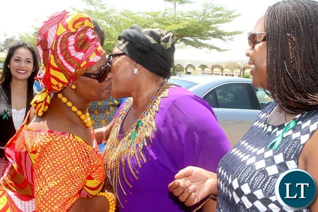 First Lady Esther Lungu with Former First Ladies Maureen Mwanawasa (R) and Vera Chiluba (C) on arrival at Northmead Primary School for the Commemoration of Global Handwashing Day in Lusaka on Wednesday,October 12,2016-Picture by THOMAS NSAMA