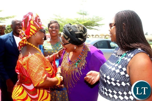 First Lady Esther Lungu with Former First Ladies Maureen Mwanawasa (R) and Vera Chiluba (C) on arrival at Northmead Primary School for the Commemoration of Global Handwashing Day in Lusaka on Wednesday,October 12,2016-Picture by THOMAS NSAMA