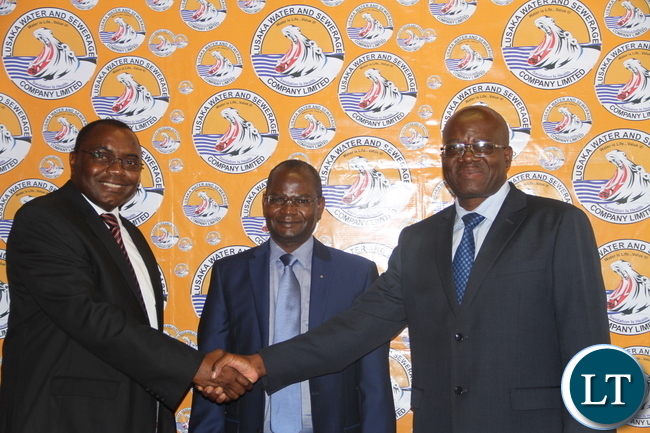 Interim LWSC Managing Director Manuel Mutale (Right) is welcoming Dr. Mashamba while the LWSC Board Vice Chairperson Ben Zulu looks on. Interim LWSC Managing Director Manuel Mutale (Right) is welcoming Dr. Mashamba while the LWSC Board Vice Chairperson Ben Zulu looks on.