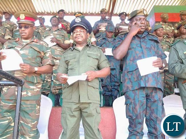 Eastern Province Police Commissioner Alex Chilufya with other defence and security personnel during prayers and fasting day held at David Kaunda Stadium in Chipata