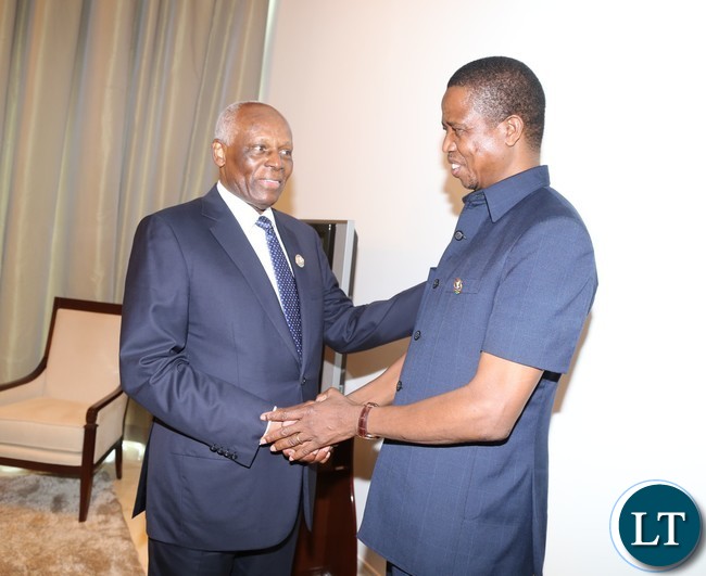 Angolan President Eduardo dos antos welcomes President Lungu at vila talatona conference centre in Luanda Angola for the Great Lakes Summit 26-10-2016..