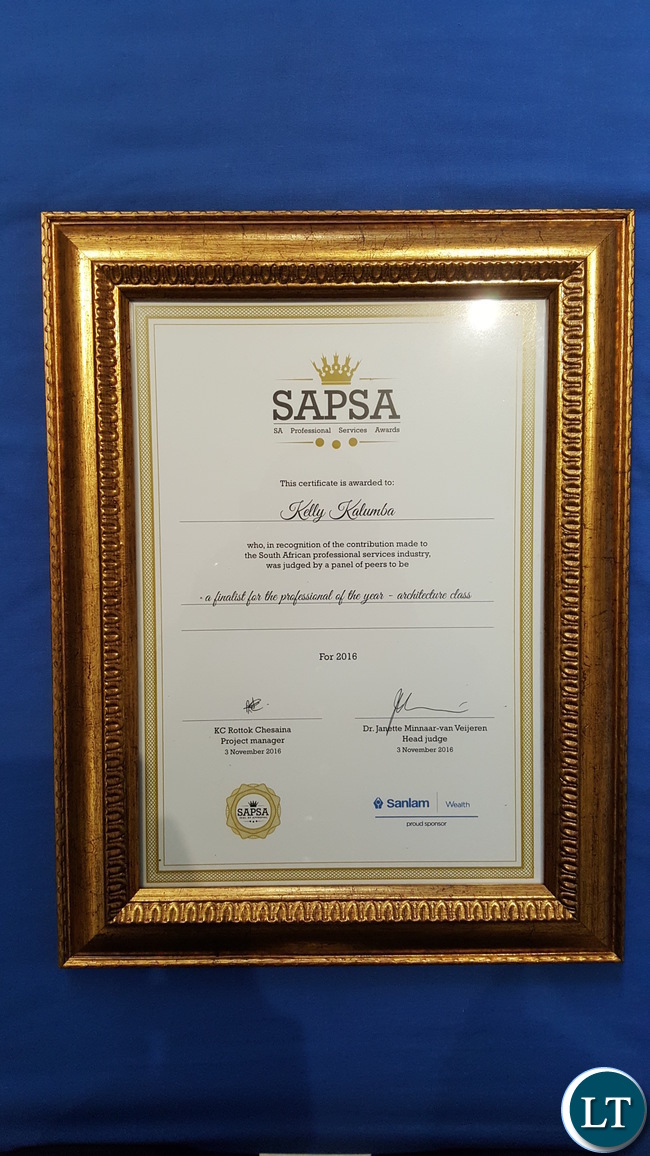 The finalists' certificate for the Professional of the Year in the ‘Architecture Class of the Built Environment’ category presented to Mr. Kelly Kalumba by the South African Professional Services Awards