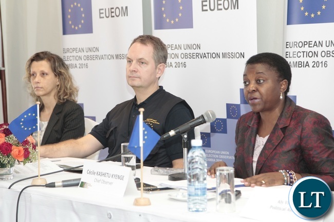 European Union Election Observation Mission in Zambia Chief Observer Cecilia Kashetu Kyange flanked with her Deputy Chief Observer Thomas Boserup and Electoral Analyst Teresa Polara addressing journalists during a presentation of the General Elections and Referendum Final Report at Intercontinental Hotel European Union Election Observation Mission in Zambia Chief Observer Cecilia Kashetu Kyange flanked with her Deputy Chief Observer Thomas Boserup and Electoral Analyst Teresa Polara addressing journalists during a presentation of the General Elections and Referendum Final Report at Intercontinental Hotel