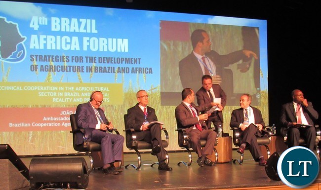 Head of International Relations at EMBRAPA Mr. Mario Seixas (seated second left) during a panel discussion at the 4th Africa Brazil Forum in Foz do Iguacu Brazil
