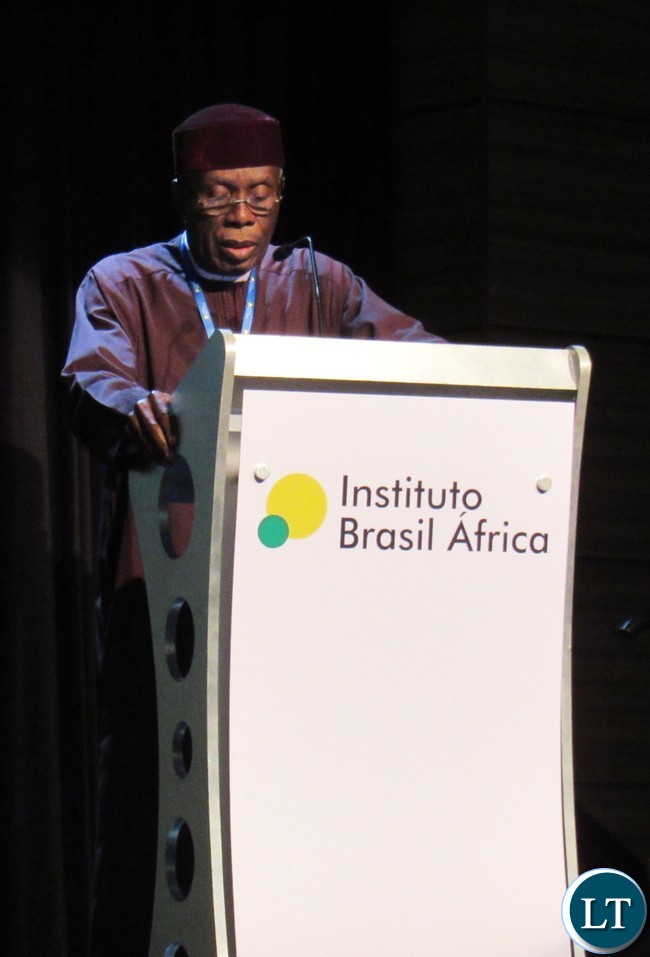 Nigeria's Minister for Agriculture and Rural Development Chief Audu Ogbeh delivering a presentation during the 4th Brazil Africa Forum in Foz do Iguacu, Brazil