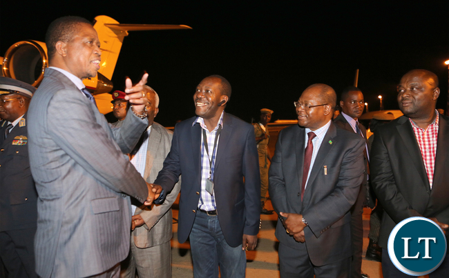 President Lungu greets Kaizah Zulu on arrival from Morocco