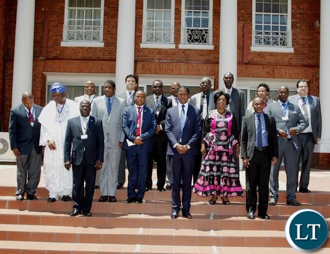 President Edgar Lungu poses for a group photo with delegates of the African Union for Peace and Security Council Retreat on practical steps to silence the guns in Africa by 2020 after having a meeting with them at State House President Edgar Lungu poses for a group photo with delegates of the African Union for Peace and Security Council Retreat on practical steps to silence the guns in Africa by 2020 after having a meeting with them at State House