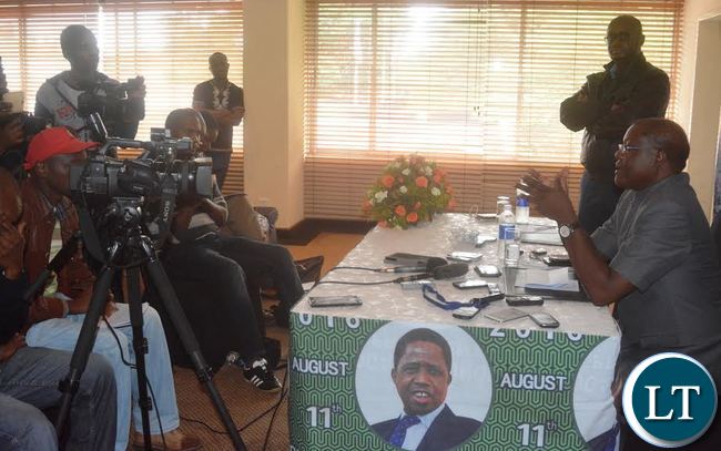 Patriotic Front National Chairperson Ngosa Simbyakula addressing the Media during the Patriotic Front Interactive Forum at Pamodzi Hotel in Lusaka Patriotic Front National Chairperson Ngosa Simbyakula addressing the Media during the Patriotic Front Interactive Forum at Pamodzi Hotel in Lusaka