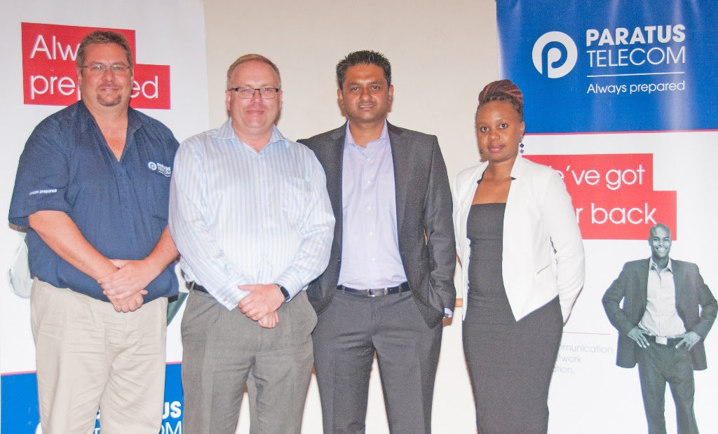 Business needs a change of mindset on online data: from left, ParatusTelecom Country Manager Marius van Vuuren, Paratus sales executive Andrew Shaw, NetOne Chief Executive Officer Bejoy Nettikadan and Paratus sales executive Janet Mwanza.