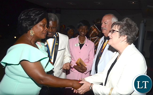 Lions International President Robert Corlew and his wife Diane Corlew being greeted by First Lady Esther Lungu during dinner hosted for him at Pamodzi Hotel in Lusaka on Thursday night, December 15,2016 -Pictures by THOMAS NSAMA Lions International President Robert Corlew and his wife Diane Corlew being greeted by First Lady Esther Lungu during dinner hosted for him at Pamodzi Hotel in Lusaka on Thursday night, December 15,2016 -Pictures by THOMAS NSAMA