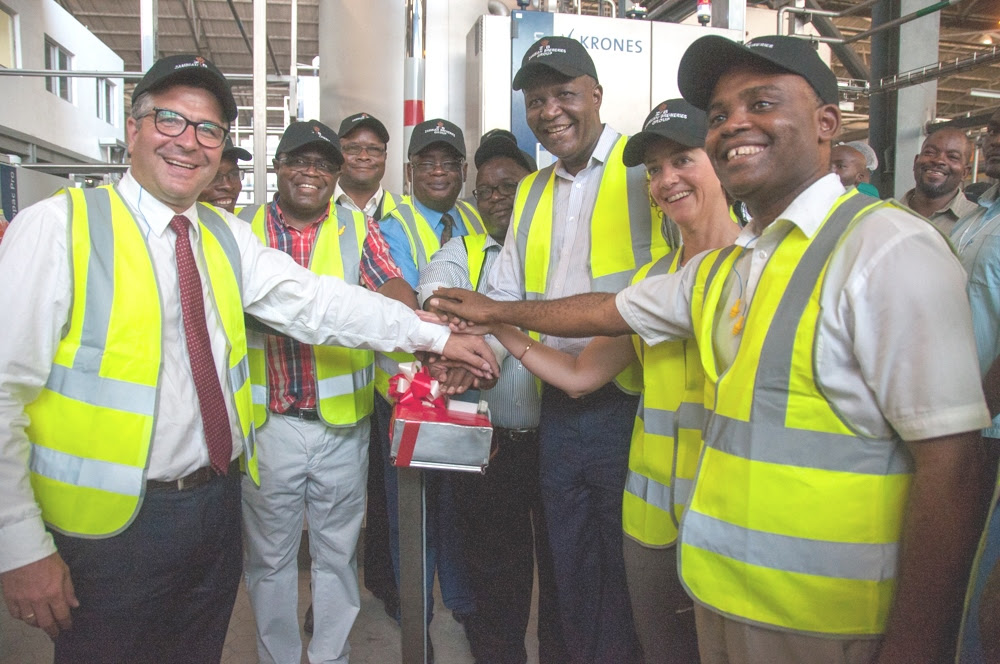 Finance Minister Felix Mutati and Mines Minister Christopher Yaluma during a tour of the Zambian Breweries plant in Ndola, accompanied by managing director Annabelle Degroot, technical director Franz Schepping and corporate affairs director Ezekiel Sekele.