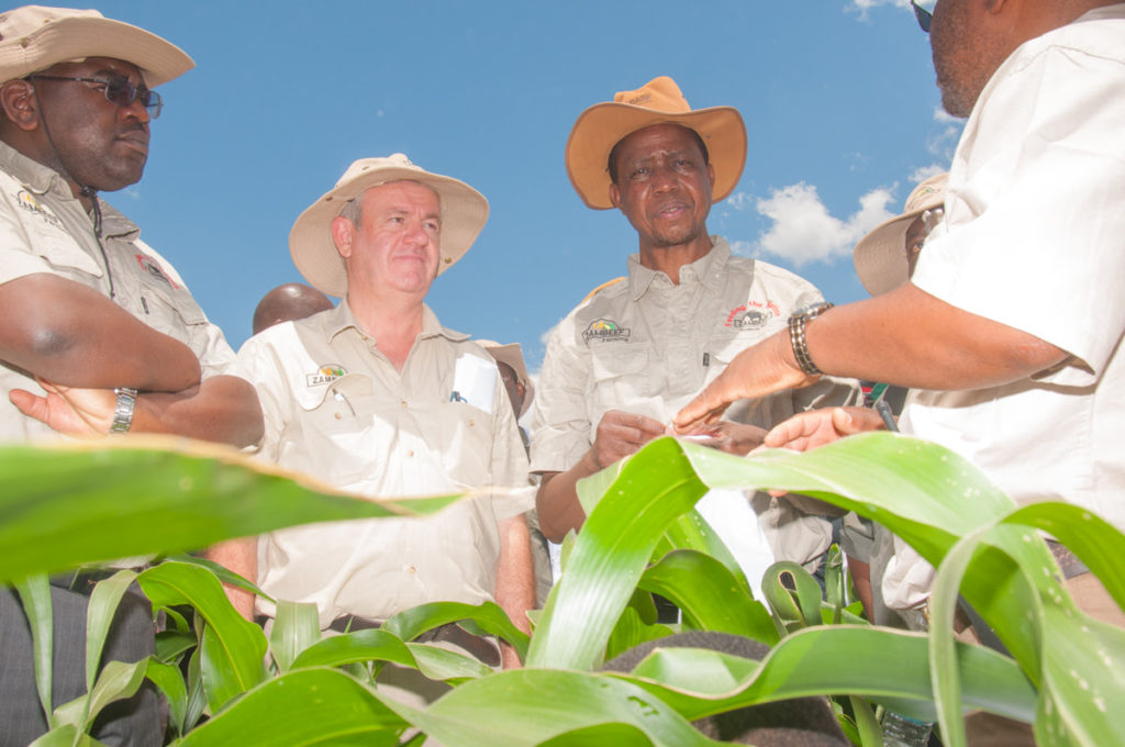 President Edgar Chagwa Lungu inspects maize at Zambeef's Huntley Farm in Chisamba during the launch of the 2016/17 planting season, accompanied Zambeef Joint Chief Executive Officer Francis Grogan and Acting Agriculture Minister Dr Chitalu Chilufya.