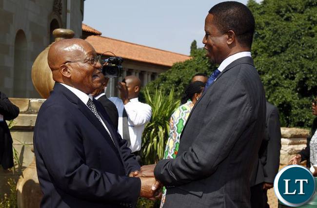 PRESIDENT Edgar Chagwa Lungu being welcomed by his South African counterpart Jacob Zuma at Union Buildings in Pretoria,South Africa on Thursday,December 8,2016. (Picture by Salim Henry/State House)