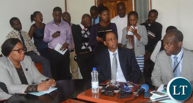 Minister for Agriculture Dora Siliya (r) the Permanent secretary for Ministry of Agriculture Julius Shawa(c) with Deserter Management medication Unit coordinator Patrick Kangwa during a press briefing at the Ministry of Agriculture headquarters.Picture by Josephine Nsululu/Zanis.