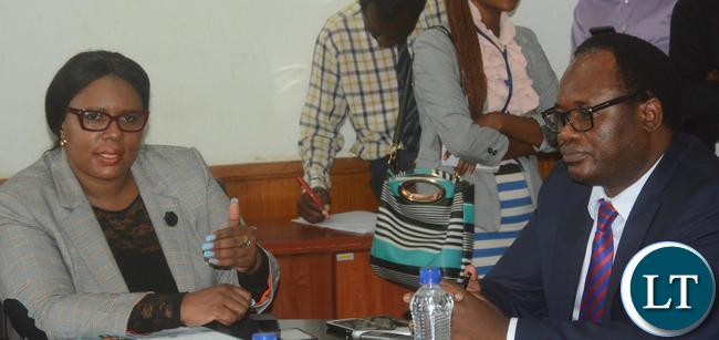 Minister for Agriculture Dora Siliya (r) ,Minister of Northern Province Brian Mundubile during a press briefing at the Ministry of Agriculture headquarters.Picture by Josephine Nsululu/Zanis.