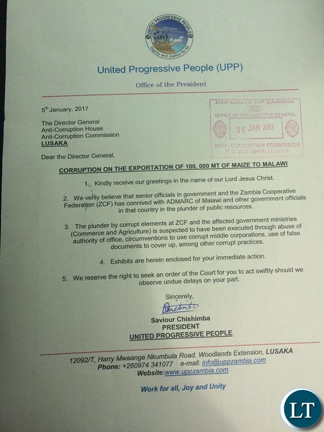 Dr Chishimba's letter to ACC Director General