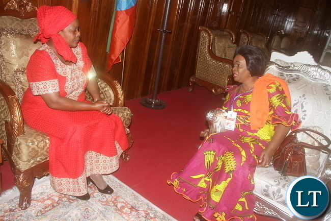 First Lady Esther Lungu and Gender minister Victoria Kalima listens to Zambia's High Commissioner to Ethiopia Susan Sikaneta on arrival at Bole International Airport for the 18th Ordinary General Assembly of OAFLA in Addis Ababa, Ethiopia on Friday, January 27,2017 -Pictures by THOMAS NSAMA/STATE HOUSE