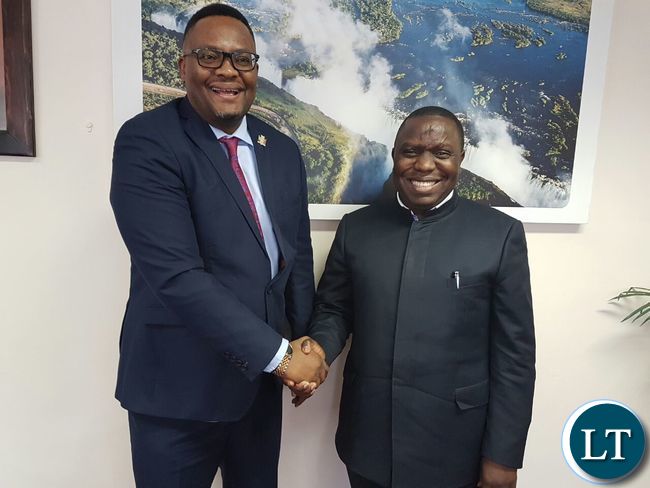 Foreign Affairs Minister Harry Kalaba with Zambia's High Commissioner to South Africa Emmanuel Mwamba